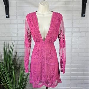 Honey Punch Sheer Floral Lace Dusty Pink Deep V Mini Dress Size Small